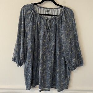 Lands End Blue Paisley Stretch Knit Top Size 2X Tie Neck 3/4 Sleeve Boho Western